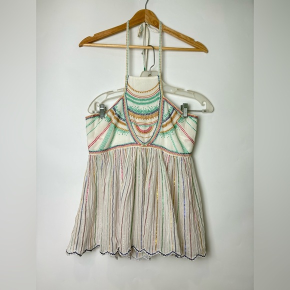 Anthropologie Floreat Itzel Boho Embroidered Halter Top Shimmer Stripes Tassels - Picture 2 of 8